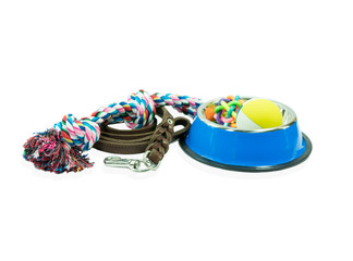Pet supplies set about stainless bowl, rope, rubber toys and leather of leash for dog or cat on...