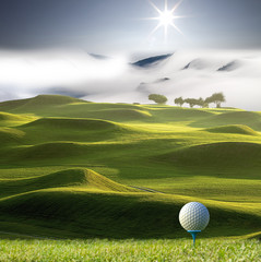 3d rendering of nice view of golf ball on the holder with golf field