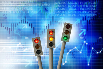 Starting a new financing project concept with traffic lights and abstract business graph charts
