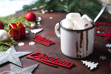 Christmas background with homemade hot chocolate,
