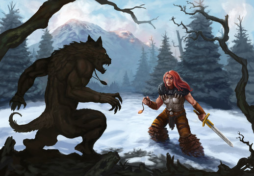 Werewolf and warrior in a snow covered mountain landscape ready to fight - Digital fantasy painting