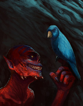 Demon creature with a bird on his finger contemplating fate and choices  - Digital fantasy painting