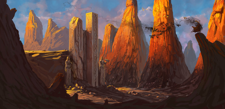 Ruined fortress in a rocky desert being overrun by a dangerous evil character - digital fantasy painting