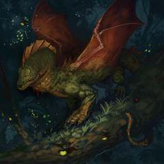 Tiny dragon in a dark forest surrounded by fireflies - digital fantasy painting