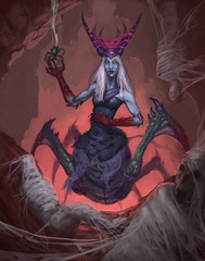 half woman half spider creature in a dark red cave - Digital fantasy painting