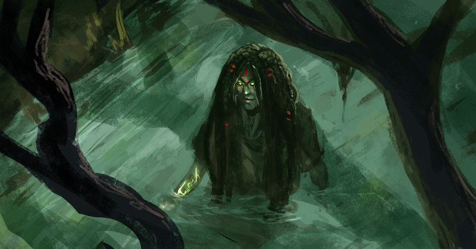 top down view of a voodoo witch wading through a swamp river - Digital fantasy painting