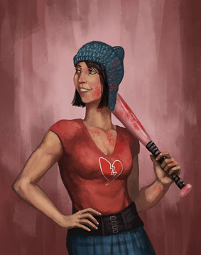 Tough strong, female heart breaker character posing with a pink bat and graphic t-shirt