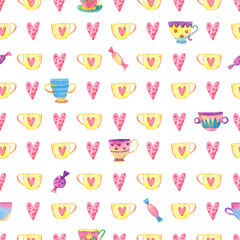 Watercolor seamless pattern with cups, hearts and candy isolated on white background. Hand drawn illustration with cute elements for design.