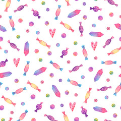 Watercolor seamless pattern with candy isolated on white background. Hand drawn illustration with...