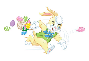 Obraz na płótnie Canvas Easter Bunny Running & Throwing Eggs