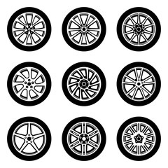 Car wheel. Rims and tires. Flat vector