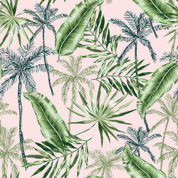 Green banana, palm trees, leaves with blush pink background. Vector seamless pattern. Tropical jungle foliage illustration. Exotic plants greenery. Summer beach floral design. Paradise nature graphic