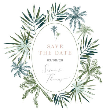 Tropical palm leaves and trees oval frame background. Wedding invitation design template. Vector illustration. Summer beach floral design for the card, poster, tee shirt. Paradise nature. Greenery