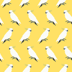 seamless pattern white parrot cacatua bird illustration on yellow background