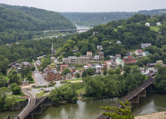 Fototapeta na wymiar A scenic panoramic view of historic Harper's Ferry, West Virginia from the cliffs of Maryland Heights.