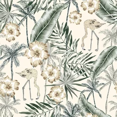 Wallpaper murals Hibiscus Tropical flamingo birds, hibiscus flowers, palm trees, banana leaves background. Vector seamless pattern. Jungle illustration. Exotic plants. Summer beach floral design. Paradise nature graphic