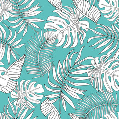 Obraz premium Banan graficzny sylwetka liniowy, liście palmowe z turkusowym tłem. Wektor wzór. Ilustracja liści tropikalnej dżungli. Egzotyczne rośliny. Lato kwiatowy wzór plaży. Rajska natura
