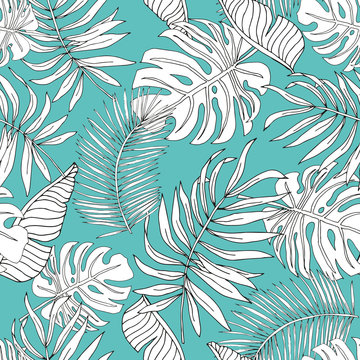 Graphic linear silhouette banana, palm leaves with turquoise background. Vector seamless pattern. Tropical jungle foliage illustration. Exotic plants. Summer beach floral design. Paradise nature