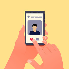 Social media concept. Smartphone and social network photo in the left hand. Vector illustration