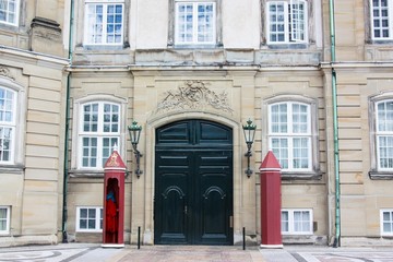 Denmark. Copenhagen. Amalienborg palace, home of the Danish royal family.  Guardsman cabins