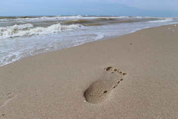 footprint on the sand on the sea beach