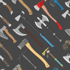 Ax vector metal axe equipment with wooden handle illustration set of hatchet with sharp blade for construction and ancient tool seamless pattern background