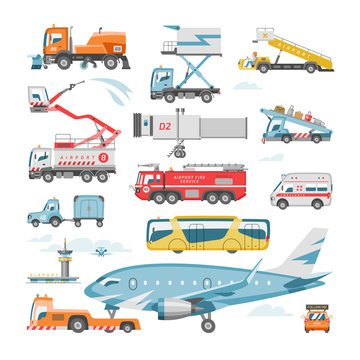 Airport vehicle vector aviation transport in terminal and truck airplane or airliner illustration set of flight service cargo and bus or catering-vehicle transportation isolated on white background