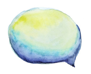 Watercolor yellow blue cloud, speech bubble isolated on white background.