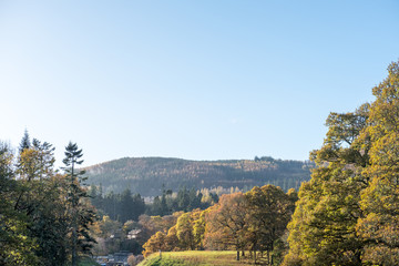 Scenic view of mountain, forest near River Tummel, Pitlochry Dam as part of Perth and Kinross. Scotland, United Kingdom