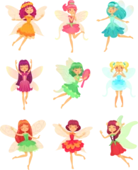Fotobehang Cartoon fairy girls. Cute fairies dancing in colorful dresses. Magic flying little creatures characters with wings vector set © Tartila