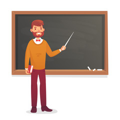 Chalkboard and professor. College or university teacher teach at blackboard. Academic teaching cartoon vector illustration