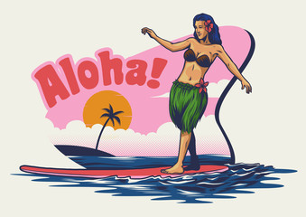 hand drawing hawaiian girl surfing - obrazy, fototapety, plakaty