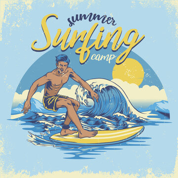 vintage textured hand draiwng surfing design