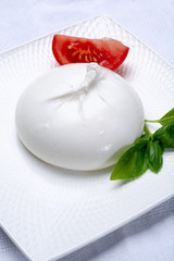 Fresh soft white burrata, ball buttery cheese, made from a mix of mozzarella and ricotta cream, original from Apulia region, Italy, very popular soft cheese in USA