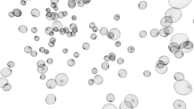 The skeletons of balls fly and jump on a white background. Abstract animation of geometric figures moving in 3D space with arbitrary rotation. Structural image of circles.