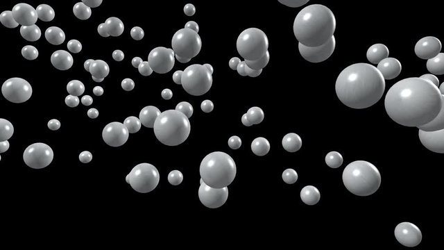 gray balls fly and jump on a black background. Abstract animation of geometric figures moving in 3D space with arbitrary rotation.