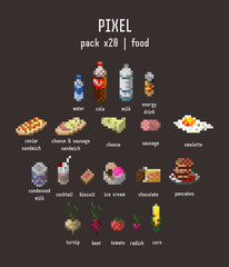 Isolated pixel food icons. Vector multi colored illustration of drinks, snacks and meals on dark background. Original graphics set. EPS10.