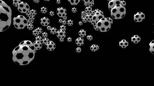 Many soccer balls fall from above. Animated 3D movie elements on a black background.