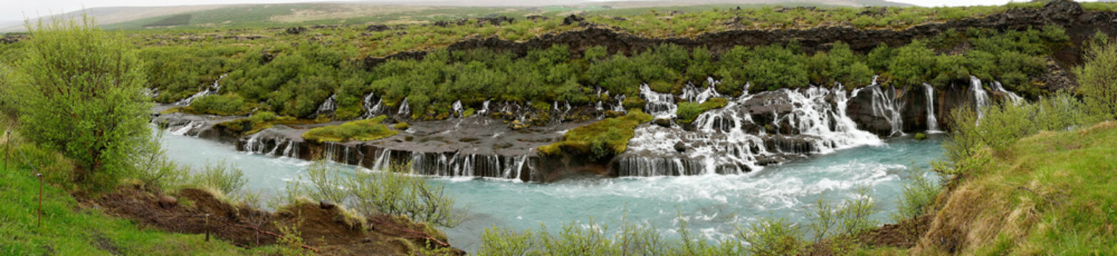 Panorama picture of the waterfall Hraunfossar in Iceland © kelifamily