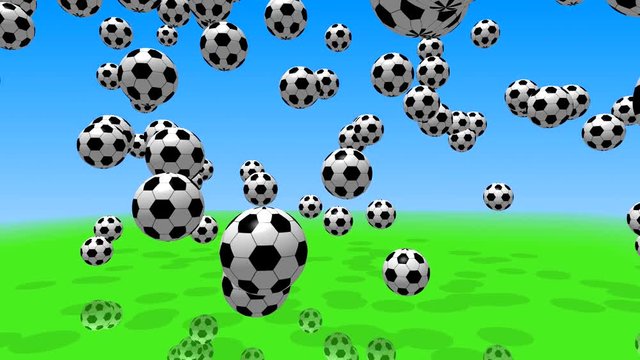 Soccer balls fall from the sky and roll across the field. Animation movie 3D elements on a blue and green background.