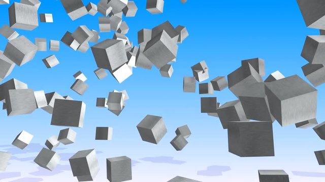 Gray cubes fly and jump on a blue background. Abstract animation of geometric figures moving in 3D space with arbitrary rotation.