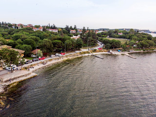 Fototapeta na wymiar Aerial Drone View of Istanbul Tuzla Seaside with Boats