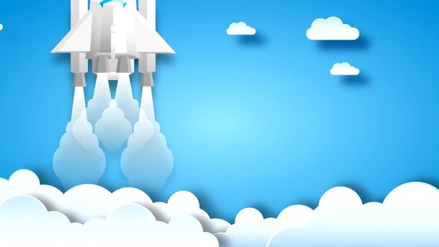 Shuttle starts up from the clouds against the blue sky. Animated in 4K of vector clip art.