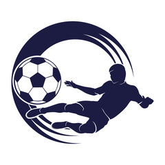 soccer emblem with a silhouette of the player and ball isolated monochrome picture
