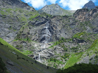 Valbondione, Bergamo, Italy. The Serio waterfalls during summer time with the minimum flow of...