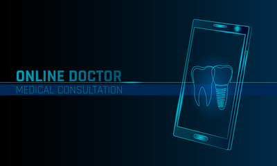 Doctor online medical app mobile applications. Digital healthcare medicine diagnosis concept banner. Human smartphone one line continuous tooth implant dentistry technology vector illustration