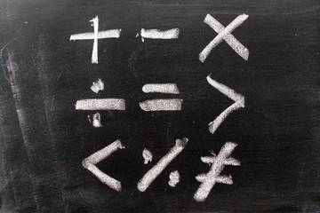 White color chak hand drawing in mathematics symbol shape on blackboard background