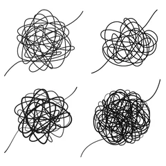 Fotobehang Set of complicated black line way. Chaotic texture.  Hand drawn tangle of tangled thread. Sketch spherical abstract scribble shape. Vector illustration isolated on white background © Ihor