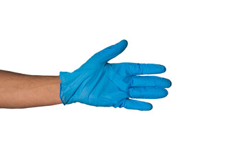 Human hand in blue rubber glove isolated on white background. Medical or cleaning concept