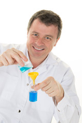 man scientist in laboratory working at lab with test tubes